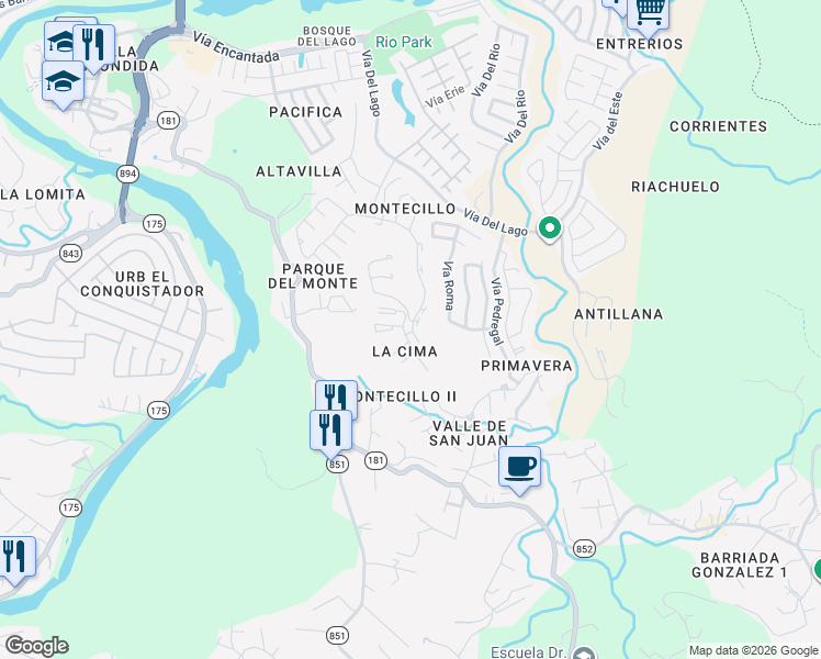 map of restaurants, bars, coffee shops, grocery stores, and more near Vía Pedregal in Trujillo Alto