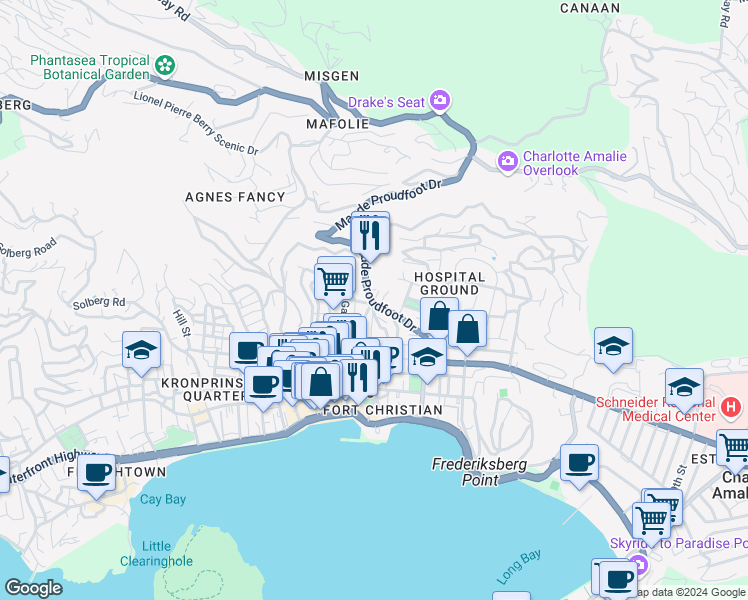 map of restaurants, bars, coffee shops, grocery stores, and more near 38 Prindsens Gade in Charlotte Amalie