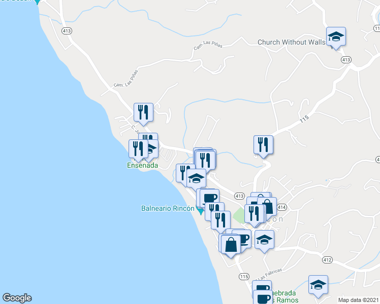 map of restaurants, bars, coffee shops, grocery stores, and more near Puerto Rico 413 in Aguada