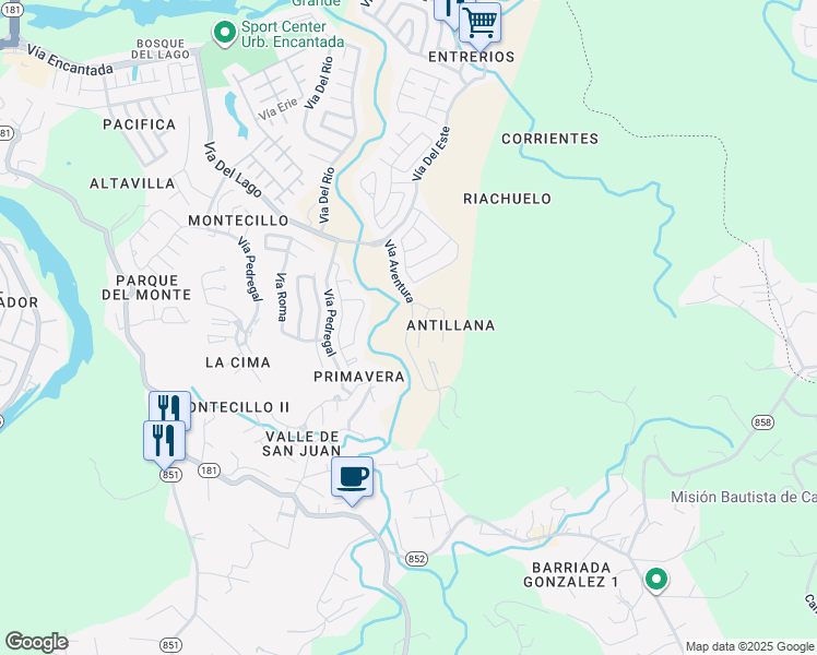map of restaurants, bars, coffee shops, grocery stores, and more near Vía Aventura in Carolina