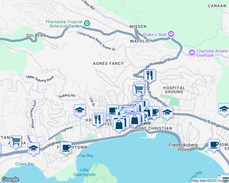 map of restaurants, bars, coffee shops, grocery stores, and more near Tamerind Gade in Charlotte Amalie