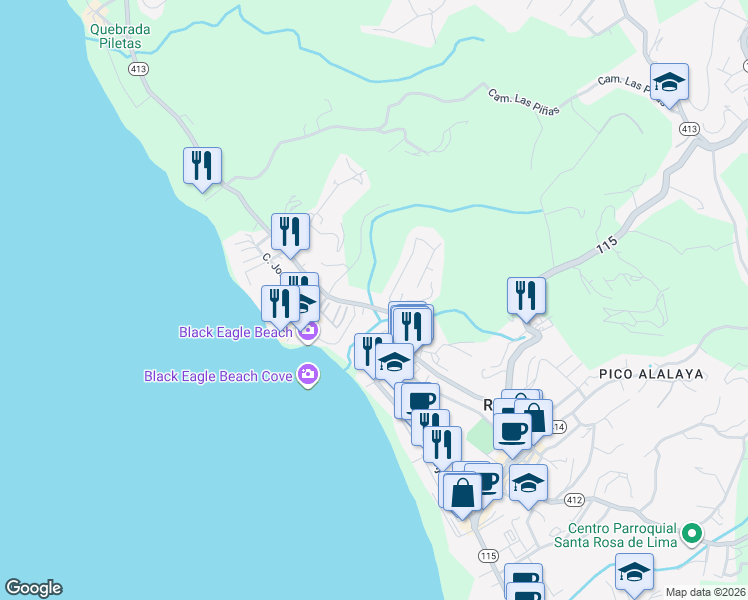 map of restaurants, bars, coffee shops, grocery stores, and more near Colinas de Ensenada in Rincon