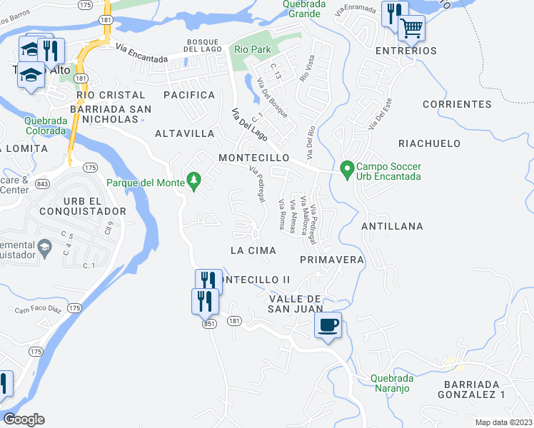 map of restaurants, bars, coffee shops, grocery stores, and more near Vía Pedregal in Trujillo Alto
