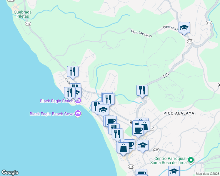 map of restaurants, bars, coffee shops, grocery stores, and more near Colinas de Ensenada in Rincon