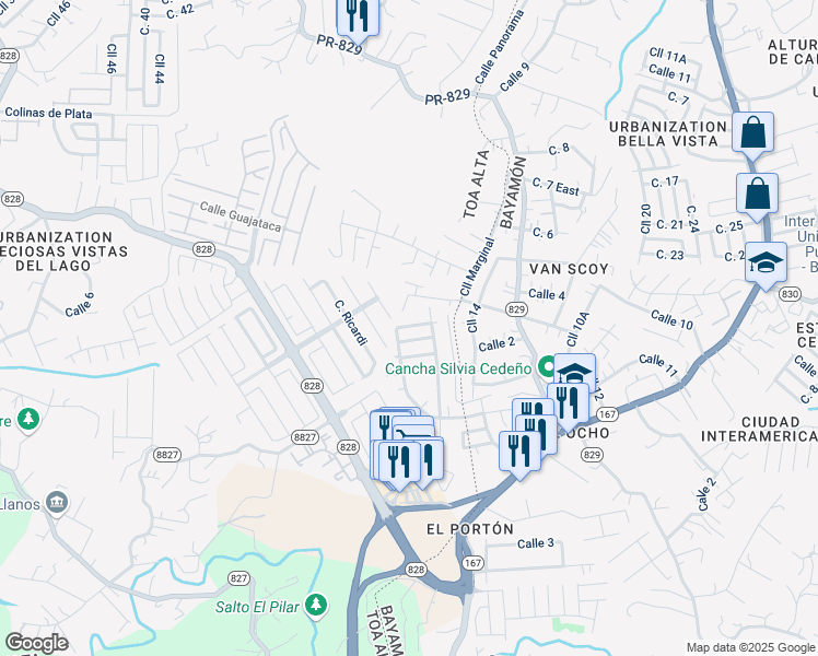 map of restaurants, bars, coffee shops, grocery stores, and more near Calle San Francisco in Bayamón