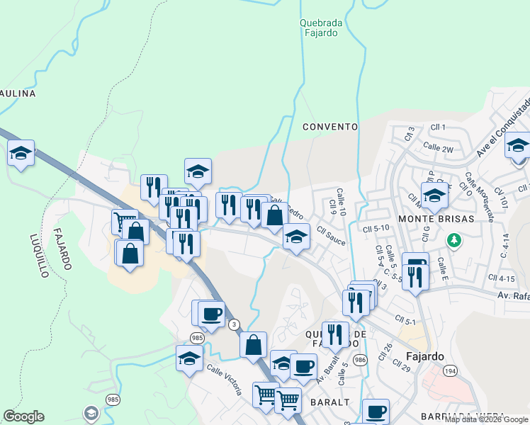 map of restaurants, bars, coffee shops, grocery stores, and more near 27-31 Calle Nogal in Fajardo
