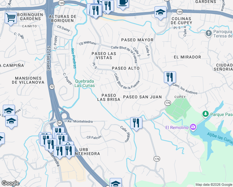 map of restaurants, bars, coffee shops, grocery stores, and more near 80 Calle Parque del Oriente in San Juan