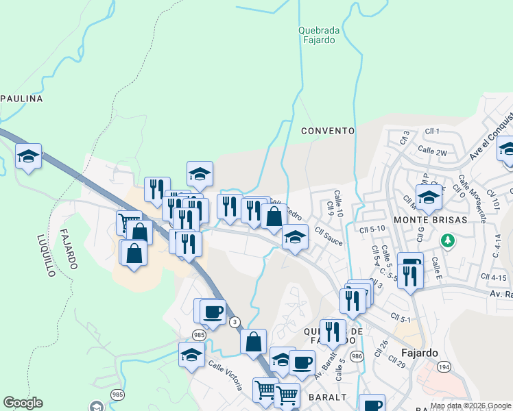 map of restaurants, bars, coffee shops, grocery stores, and more near Calle Nogal in Fajardo