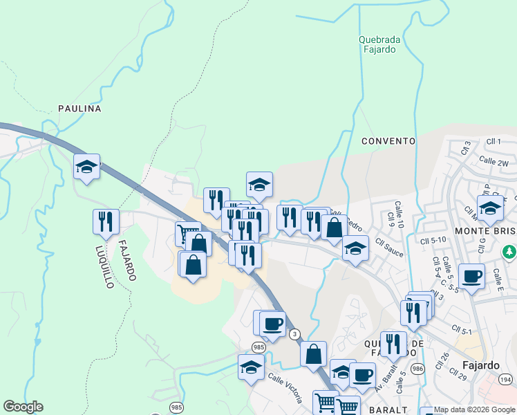 map of restaurants, bars, coffee shops, grocery stores, and more near Calle Tabonuco in Fajardo