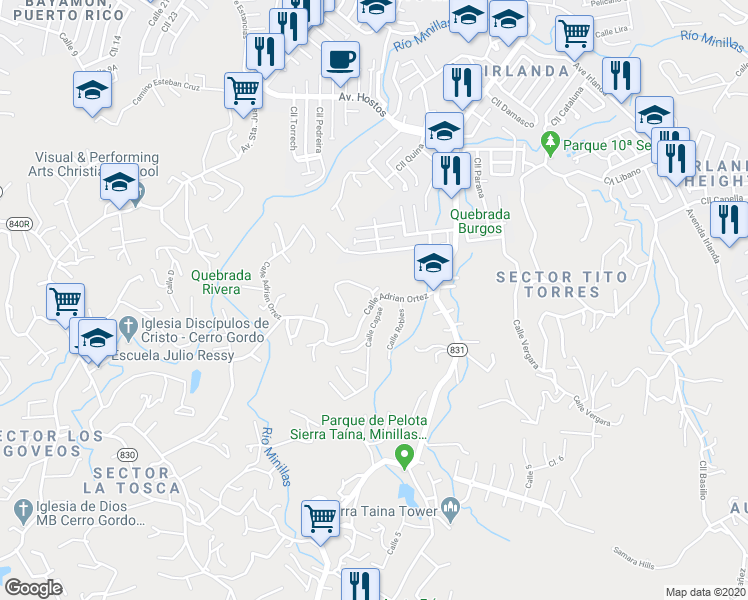 map of restaurants, bars, coffee shops, grocery stores, and more near Calle Adrian Ortez in Bayamón