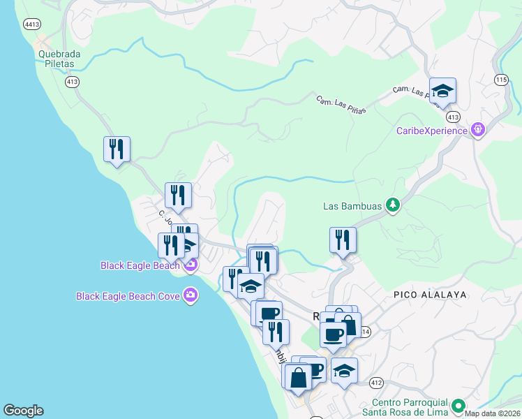 map of restaurants, bars, coffee shops, grocery stores, and more near 51 Colinas de Ensenada in Rincón