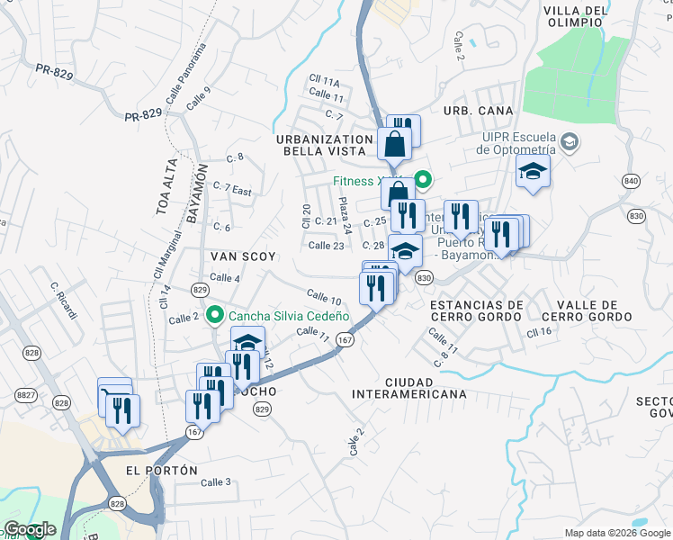 map of restaurants, bars, coffee shops, grocery stores, and more near Calle 4 in Bayamón