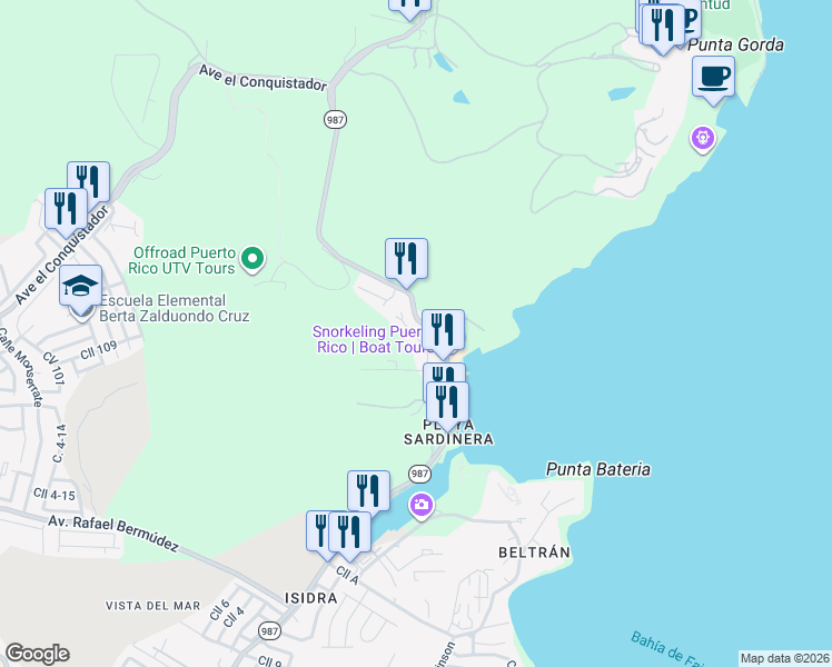 map of restaurants, bars, coffee shops, grocery stores, and more near Carretera Cabezas de San Juan in Fajardo