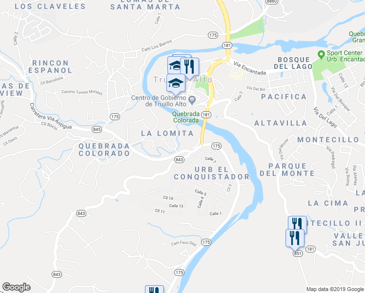 map of restaurants, bars, coffee shops, grocery stores, and more near Puerto Rico 175 in Trujillo Alto