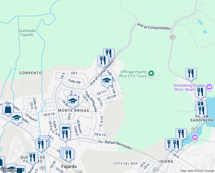 map of restaurants, bars, coffee shops, grocery stores, and more near Calle 104 in Fajardo
