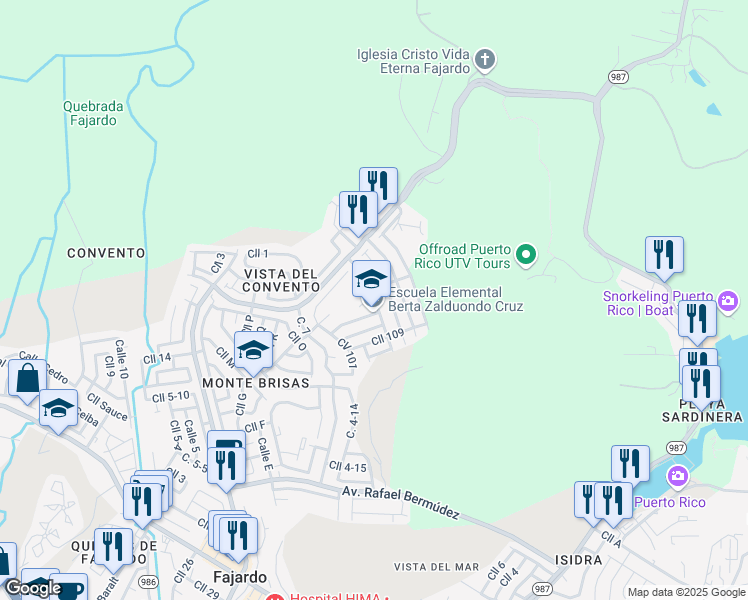map of restaurants, bars, coffee shops, grocery stores, and more near Calle 104 in Fajardo