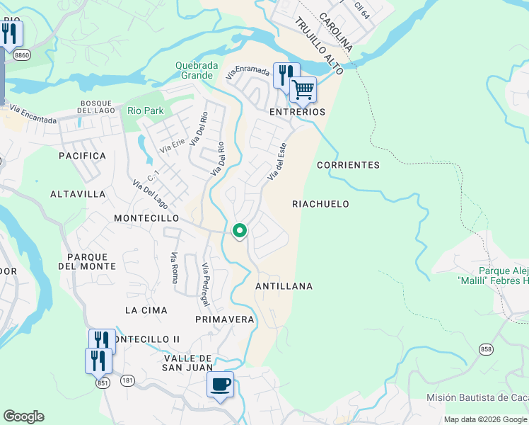 map of restaurants, bars, coffee shops, grocery stores, and more near Plaza San Vicente in Carolina
