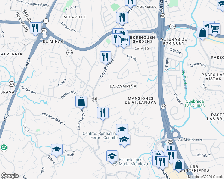map of restaurants, bars, coffee shops, grocery stores, and more near Calle 2 in San Juan