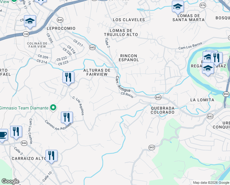 map of restaurants, bars, coffee shops, grocery stores, and more near Calle Riachuelo in Trujillo Alto