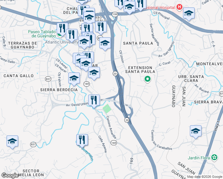 map of restaurants, bars, coffee shops, grocery stores, and more near Cll Piedras Blancas in Guaynabo