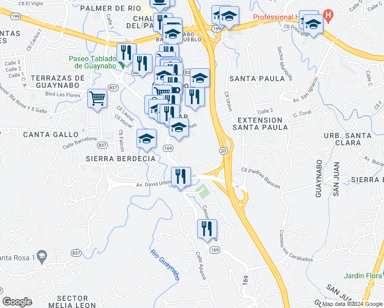 map of restaurants, bars, coffee shops, grocery stores, and more near Escuela Vocacional in Guaynabo