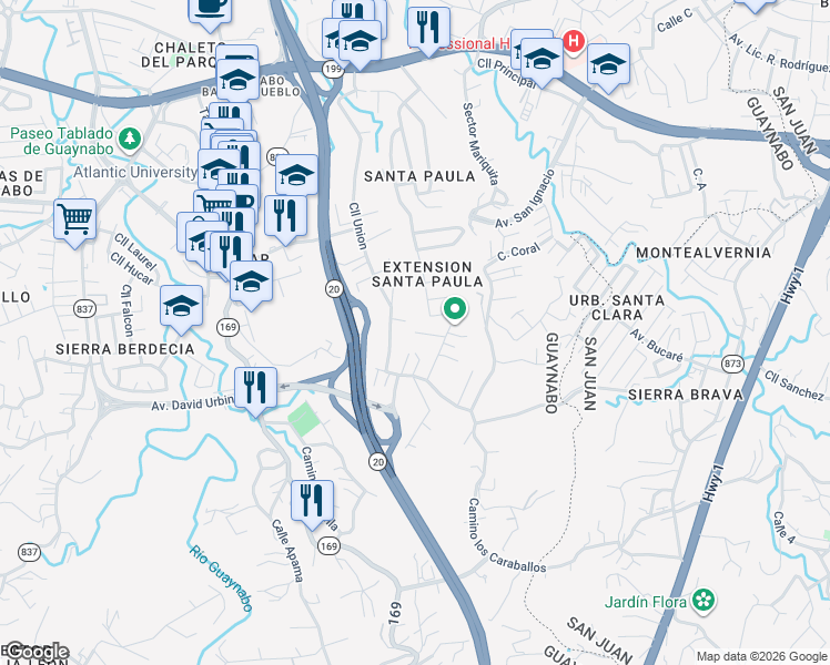 map of restaurants, bars, coffee shops, grocery stores, and more near Calle Pomarrosa in Guaynabo