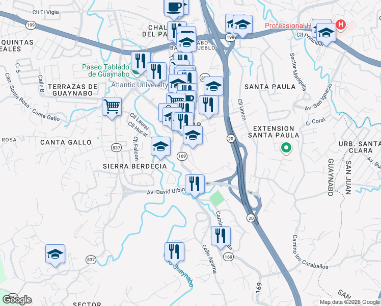 map of restaurants, bars, coffee shops, grocery stores, and more near Cll Piedras Blancas in Guaynabo