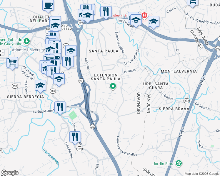 map of restaurants, bars, coffee shops, grocery stores, and more near Calle Pomarrosa in Guaynabo