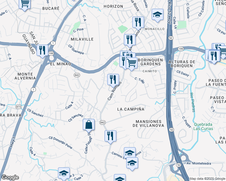 map of restaurants, bars, coffee shops, grocery stores, and more near Sector Emiliano Pol in San Juan