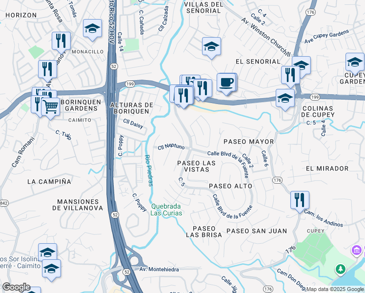 map of restaurants, bars, coffee shops, grocery stores, and more near Calle Neptuno in San Juan