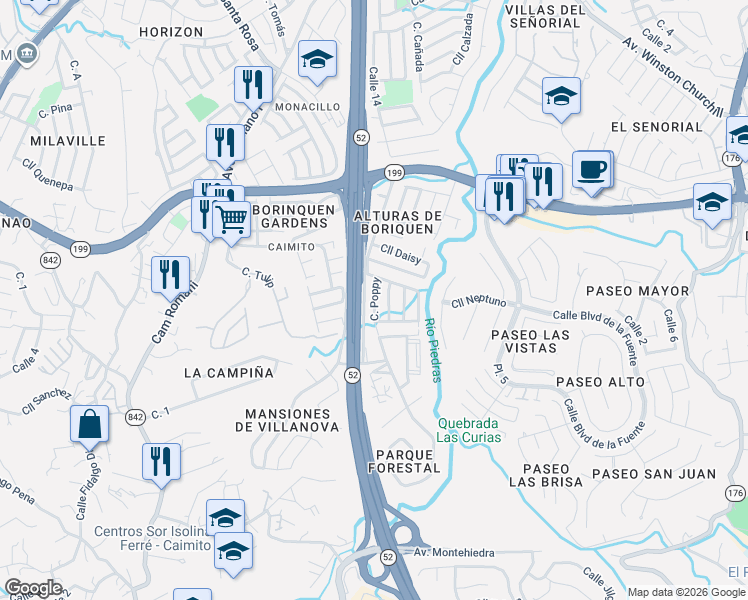 map of restaurants, bars, coffee shops, grocery stores, and more near Calle Magnolia in San Juan
