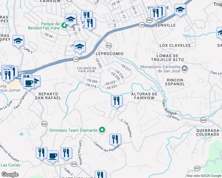 map of restaurants, bars, coffee shops, grocery stores, and more near 4 Calle 222 in Trujillo Alto