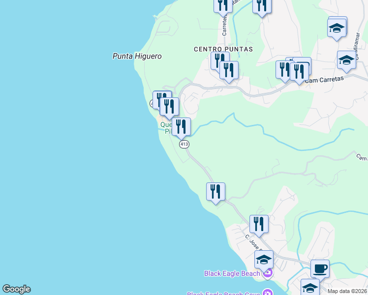 map of restaurants, bars, coffee shops, grocery stores, and more near Highway 413 in Aguada