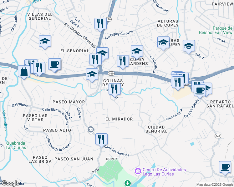 map of restaurants, bars, coffee shops, grocery stores, and more near Calle Caoba in San Juan