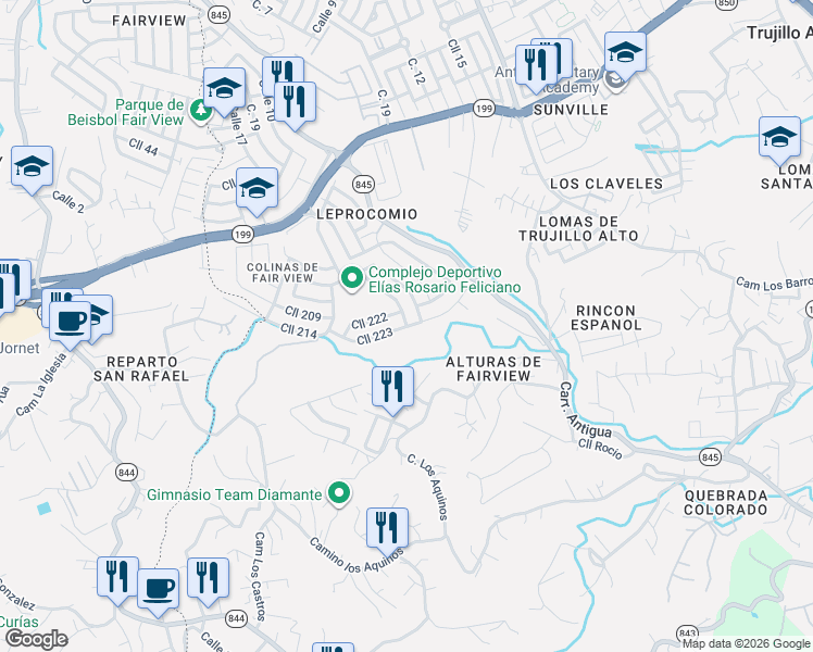map of restaurants, bars, coffee shops, grocery stores, and more near Calle 220 in Trujillo Alto