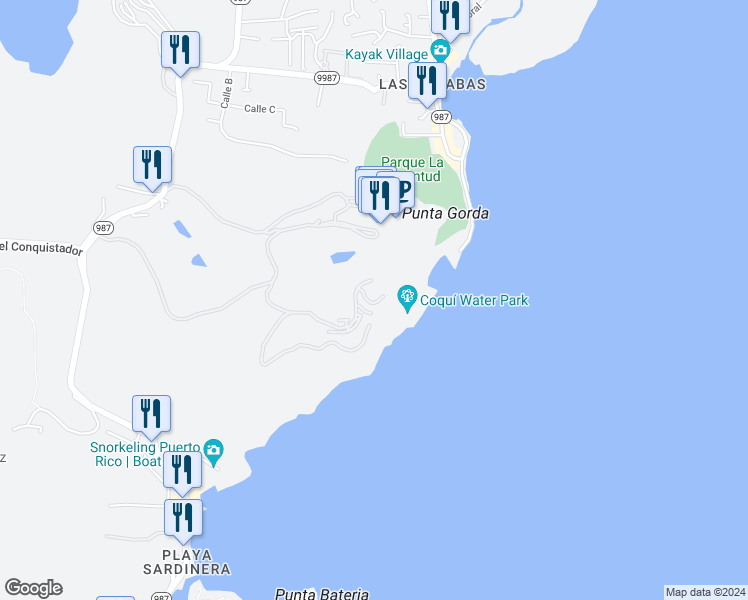 map of restaurants, bars, coffee shops, grocery stores, and more near Unnamed Road in Fajardo