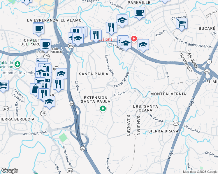map of restaurants, bars, coffee shops, grocery stores, and more near 163-217 Calle 2 in Guaynabo