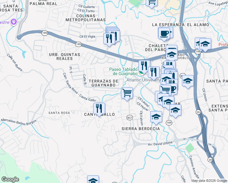 map of restaurants, bars, coffee shops, grocery stores, and more near 18 Calle Tulipan in Guaynabo