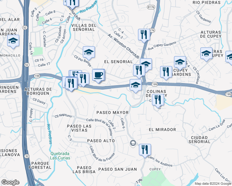 map of restaurants, bars, coffee shops, grocery stores, and more near Avenida Las Cumbres in San Juan
