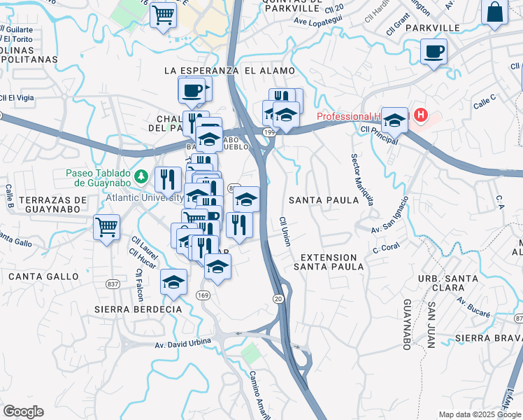 map of restaurants, bars, coffee shops, grocery stores, and more near 20 in Guaynabo