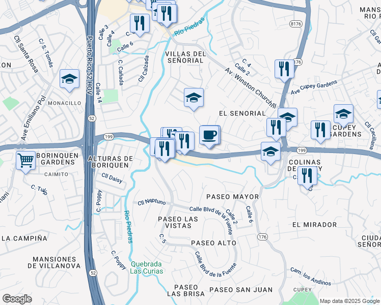 map of restaurants, bars, coffee shops, grocery stores, and more near Avenida Doña Felisa Rincón de Gautier in San Juan
