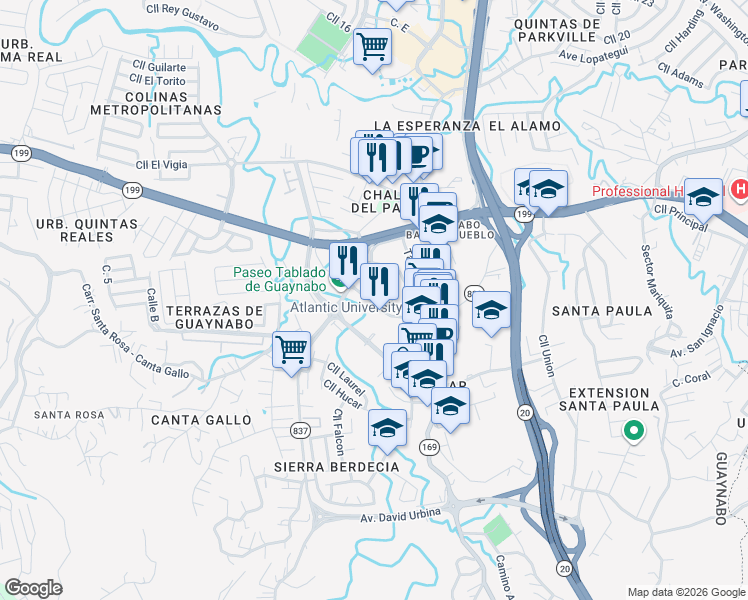 map of restaurants, bars, coffee shops, grocery stores, and more near Estrada Gilberto Palú in Guaynabo