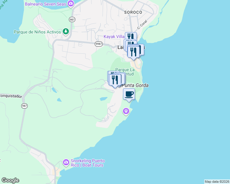 map of restaurants, bars, coffee shops, grocery stores, and more near 1000 Avenida El Conquistador in Fajardo