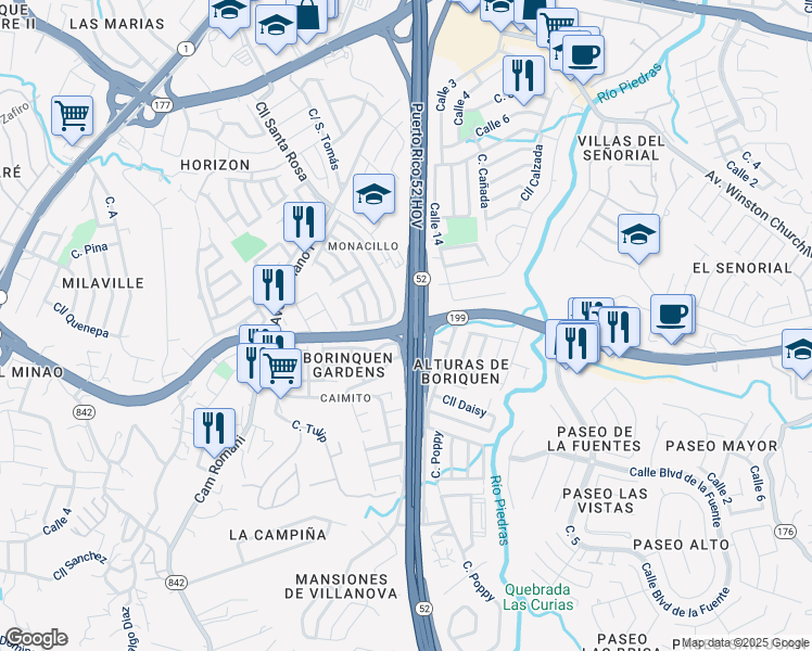 map of restaurants, bars, coffee shops, grocery stores, and more near Avenida Las Cumbres in San Juan