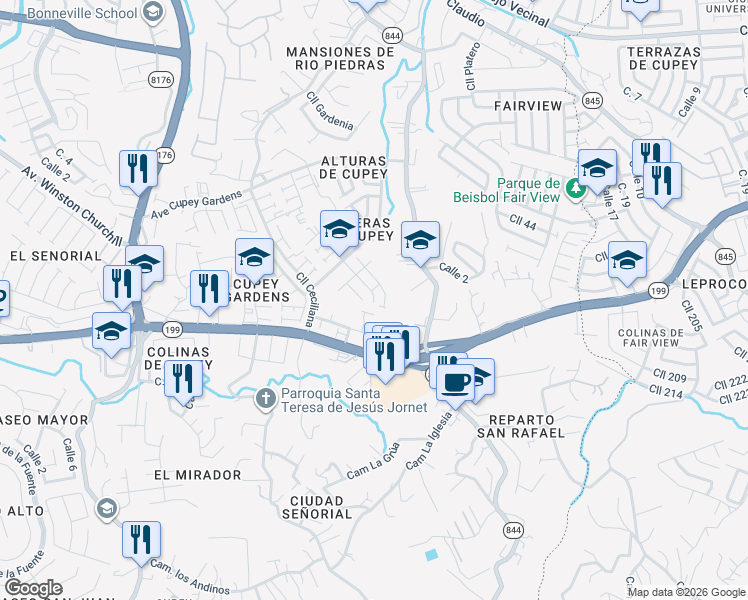map of restaurants, bars, coffee shops, grocery stores, and more near 29 Calle Marfil in San Juan