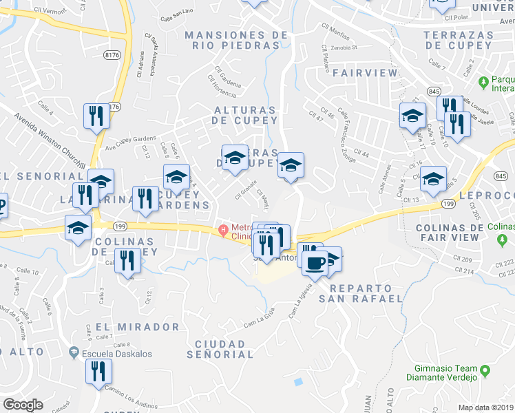 map of restaurants, bars, coffee shops, grocery stores, and more near 29 Calle Marfil in San Juan