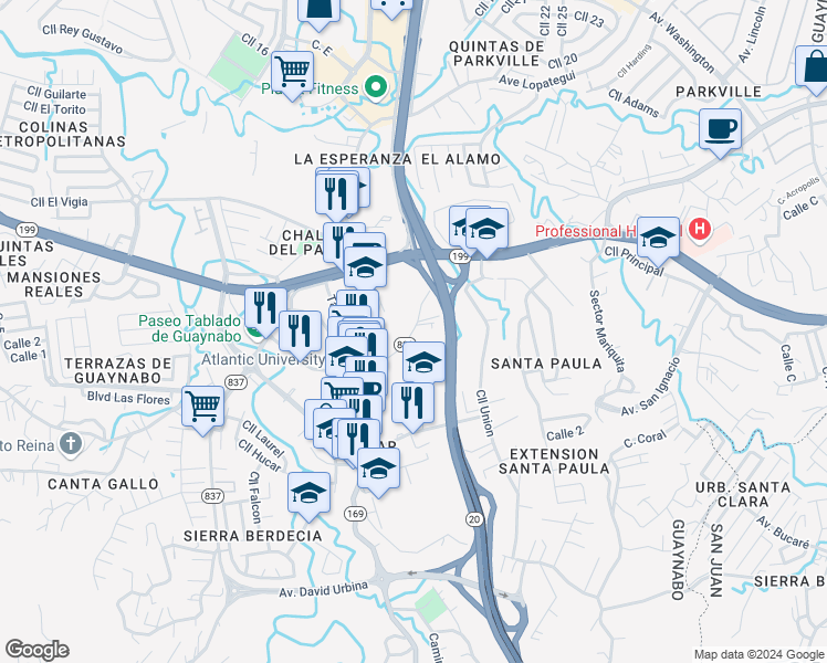 map of restaurants, bars, coffee shops, grocery stores, and more near Alejandrino Street in Guaynabo
