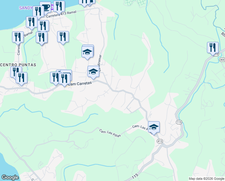 map of restaurants, bars, coffee shops, grocery stores, and more near Camino Carretas in Aguada