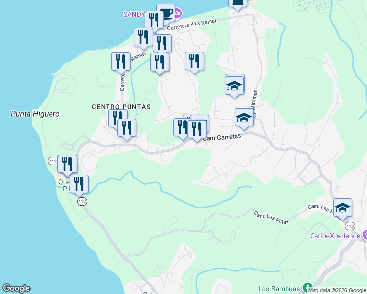 map of restaurants, bars, coffee shops, grocery stores, and more near in Puntas