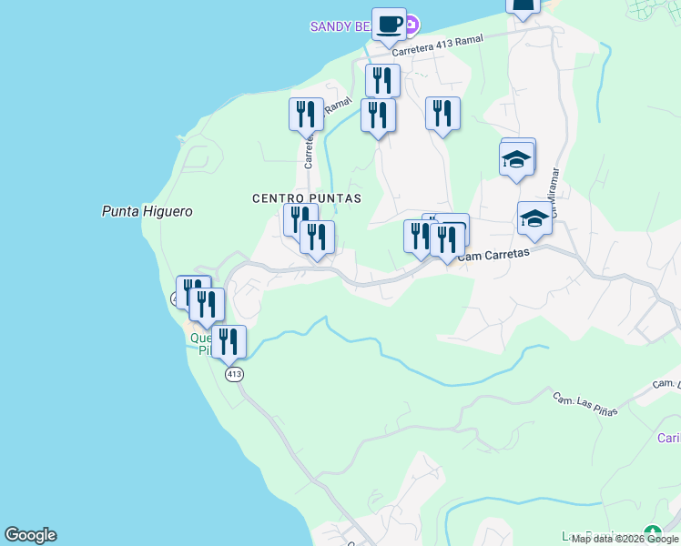map of restaurants, bars, coffee shops, grocery stores, and more near in Puntas